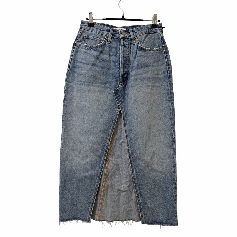 RE/DONE Denim Raw Hem Front Slit Midi Skirt Size 26 Light Wash Opal Indigo NWT